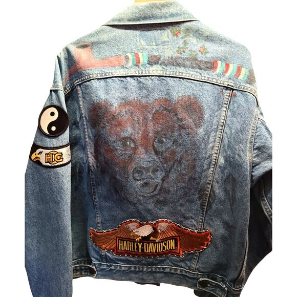 VINTAGE Custom 80s LEVI'S Patches DENIM Jean TRUCKER JACKET Harley MADE IN USA - Picture 3 of 7